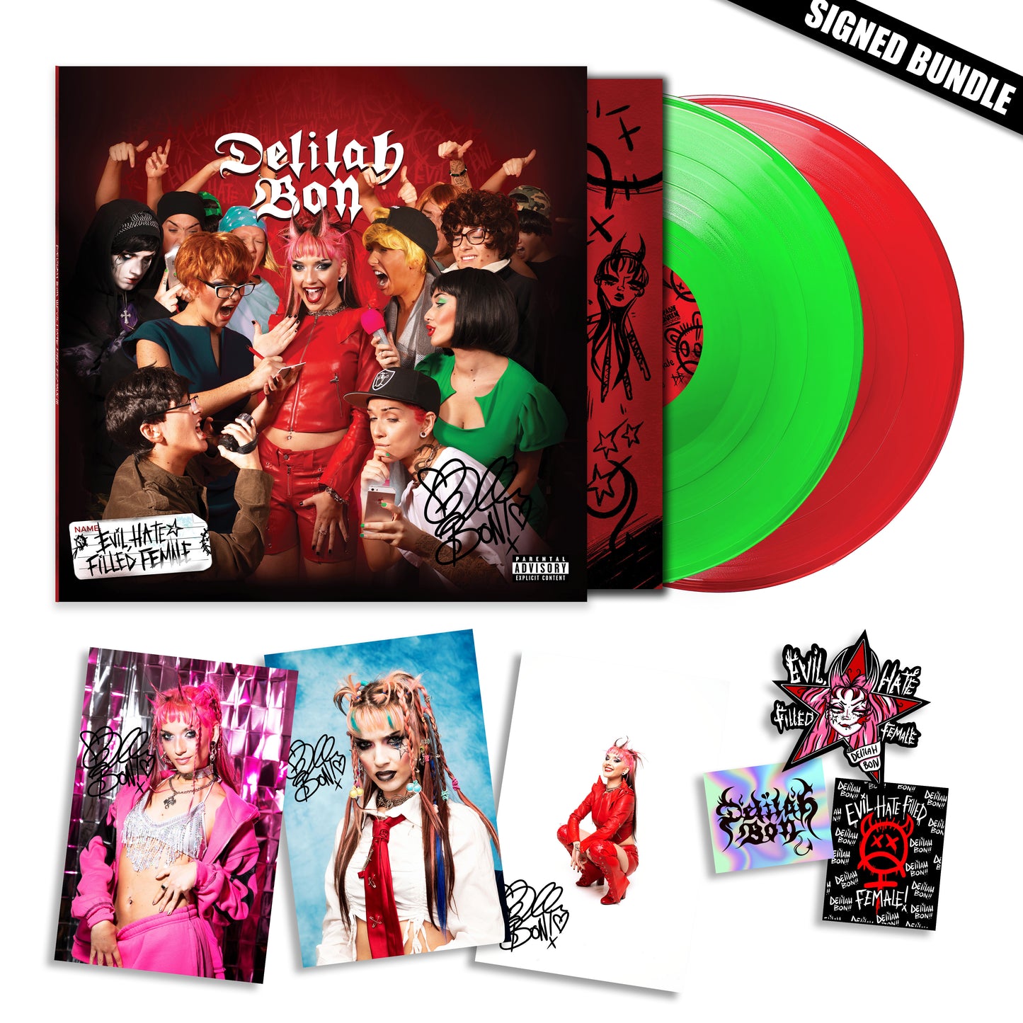 Evil, Hate Filled Female Red/Green Double Gatefold Vinyl / Photo / Sticker Signed Bundle