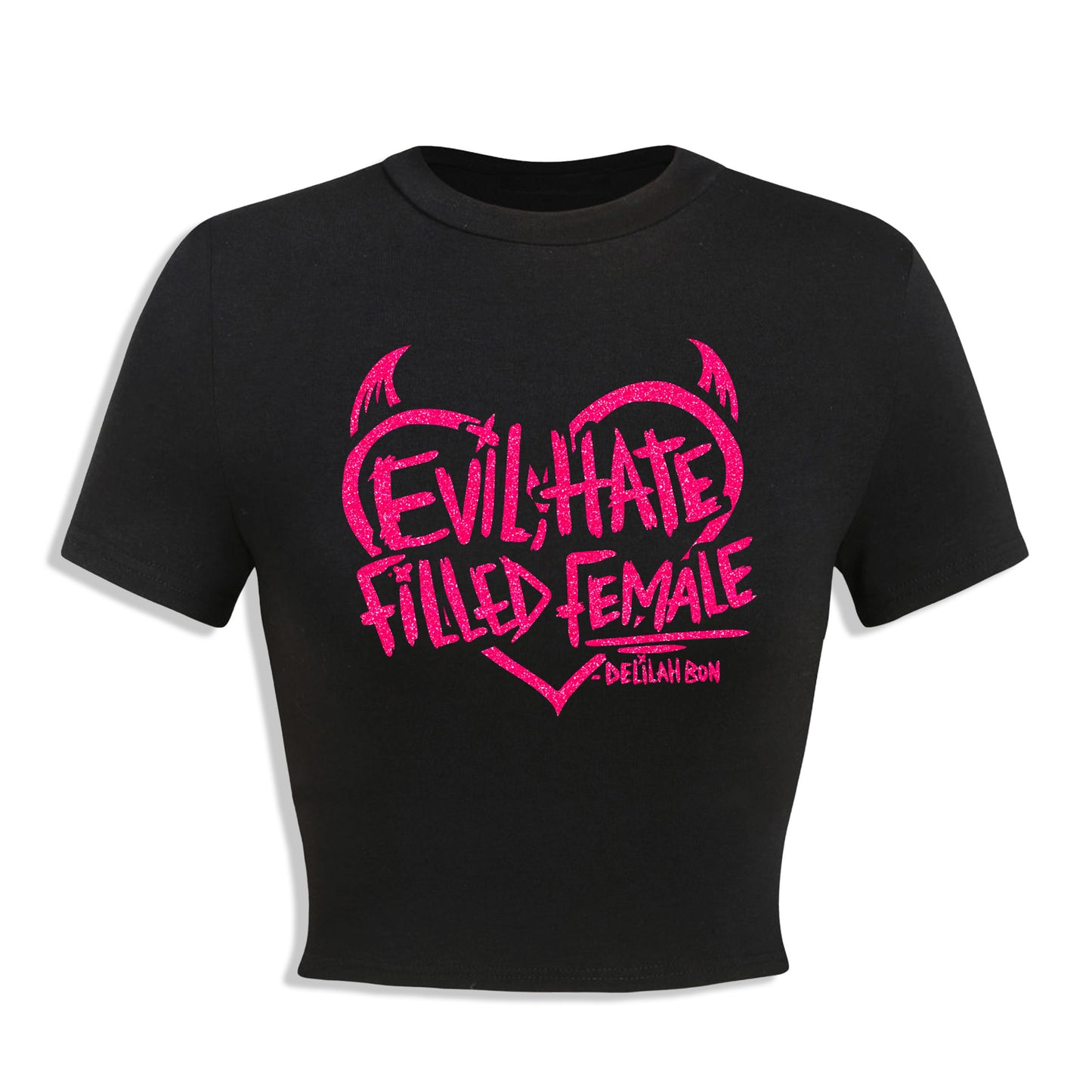 'Evil, Hate Filled Female' Pink Glitter Heart Crop Top