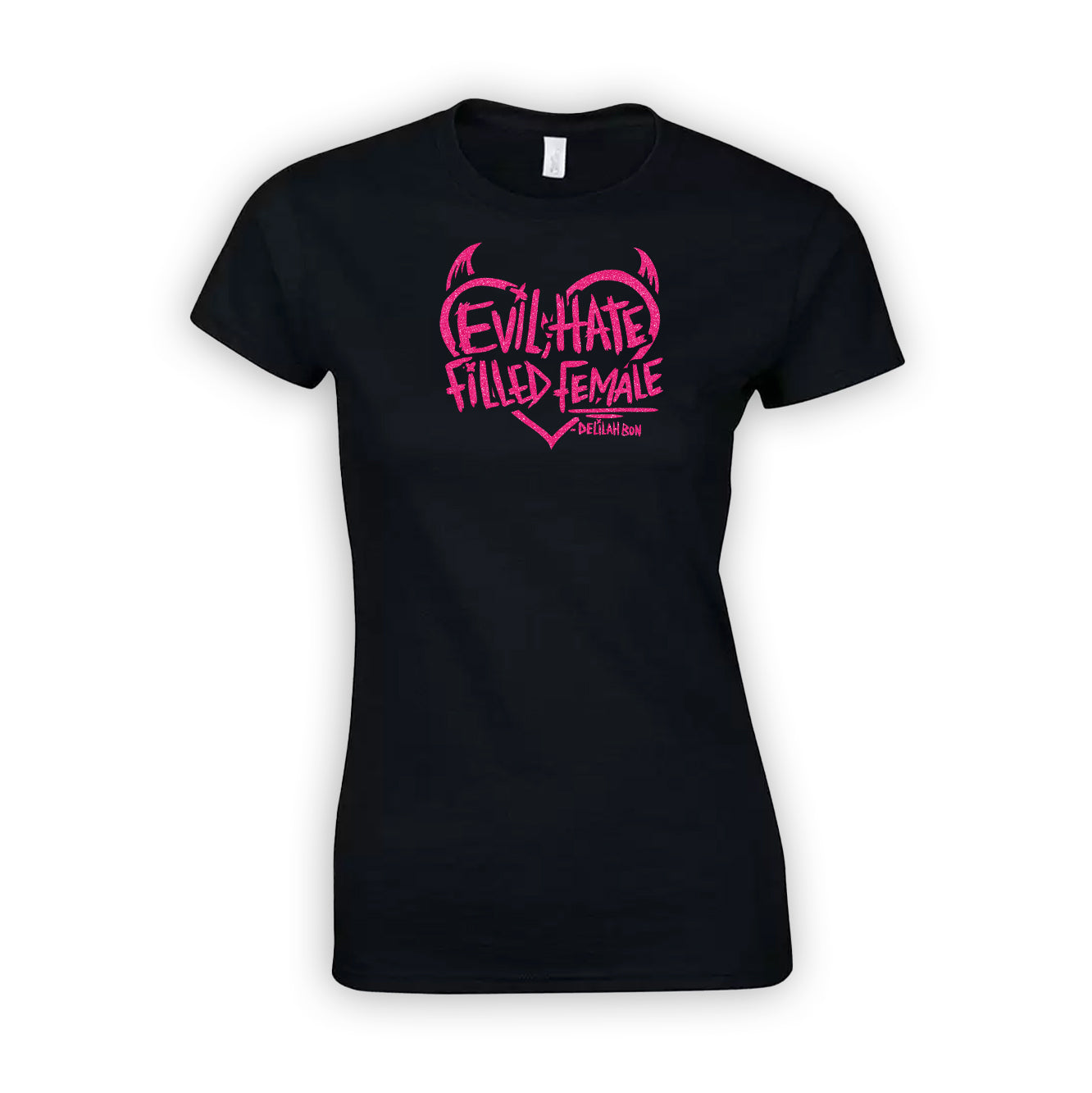 SALE 'Evil, Hate Filled Female' Pink Glitter Heart Fitted Top - Last One size Extra small
