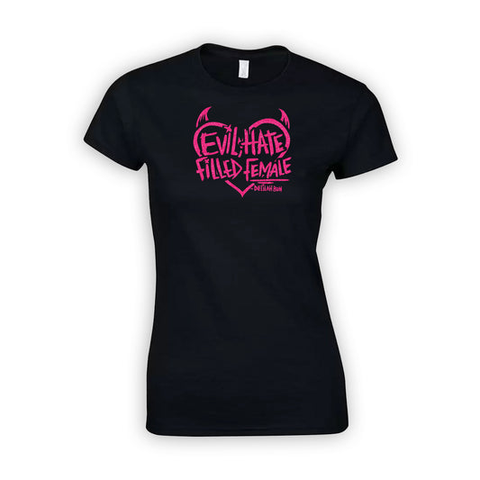SALE 'Evil, Hate Filled Female' Pink Glitter Heart Fitted Top - Last One size Extra small